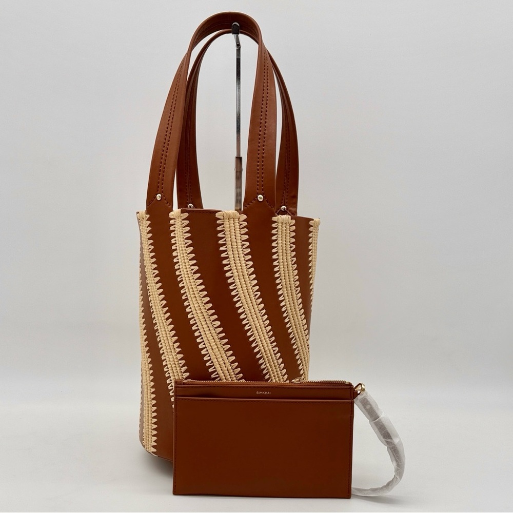 SIMKHAI Talia Raffia Embroidered Leather Bucket Bag Sable Tan